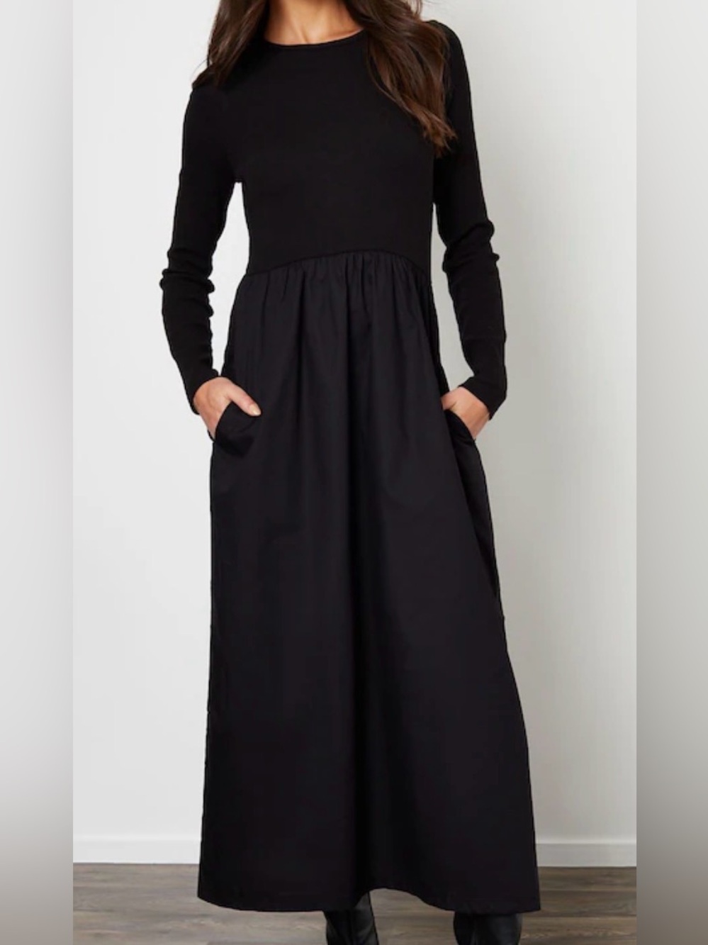 Black Rib Jersey 2-In-1 Midi Dress with Poplin Skirt